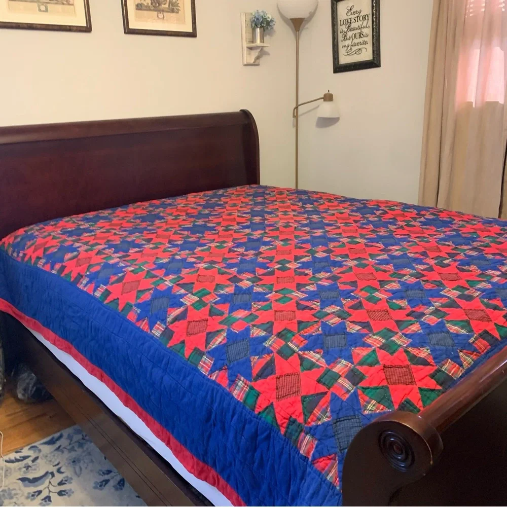 Vintage Hand Made Handcrafted Quilt Flannel Blue Red Green